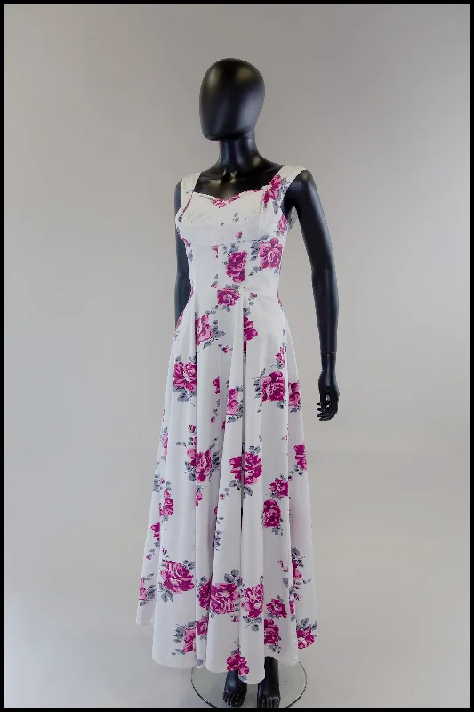 Vintage 1950s White Floral Rose Cotton Maxi Dress Trendy Maxi Dress with Bow