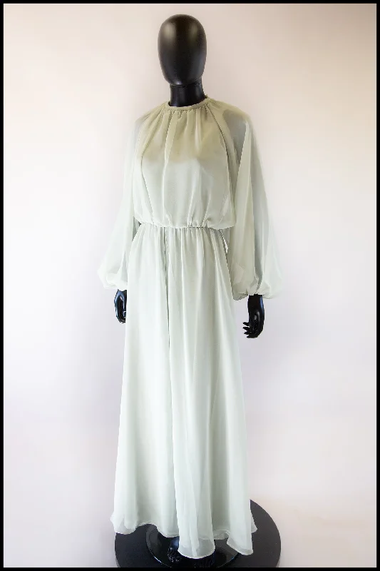 Vintage 1970s Eau De Nil Chiffon Maxi Dress Comfortable Fit-and-Flare Maxi Dress