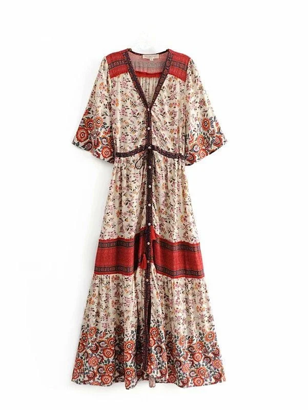 Vintage Chic Women Vestidos Red Floral Sleeve Beach Bohemian Rayon Cotton Maxi Dresses Ladies V Neck Tassel Boho Dress Stylish Button-Up Maxi Dress