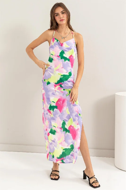 watercolor print sleeveless backless maxi dress Trendy Floral Print Maxi Dress