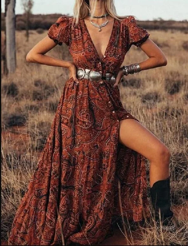 Western Boho Maxi V Neck Boho Maxi Dresses Women Vintage 2022 Comfortable Flowy Maxi Dress