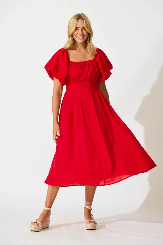 Wintour Maxi Dress In Red Linen Blend Elegant Maxi Dress with Lace
