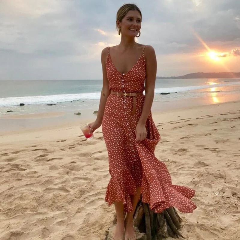 Sweet Polka Dot Print High-Low Hem Maxi Dress Comfortable T-Shirt Maxi Dress