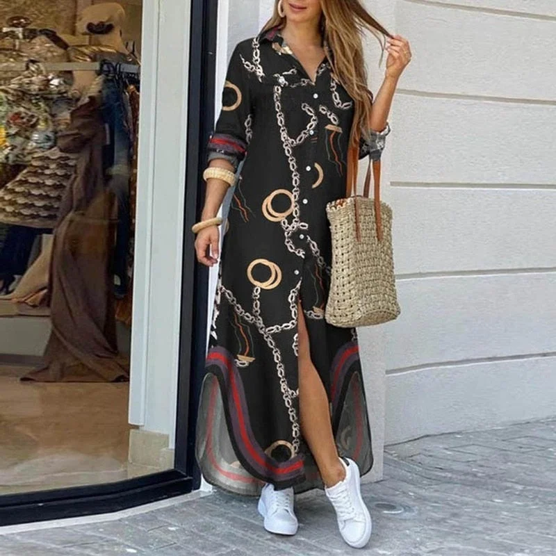 Women Printed Long Sleeve Shirt Dress Single Breasted Casual Loose Dresses Fashion Summer Party Slit Hem Female Maxi Dress Fashionable Off-Shoulder Maxi Dress