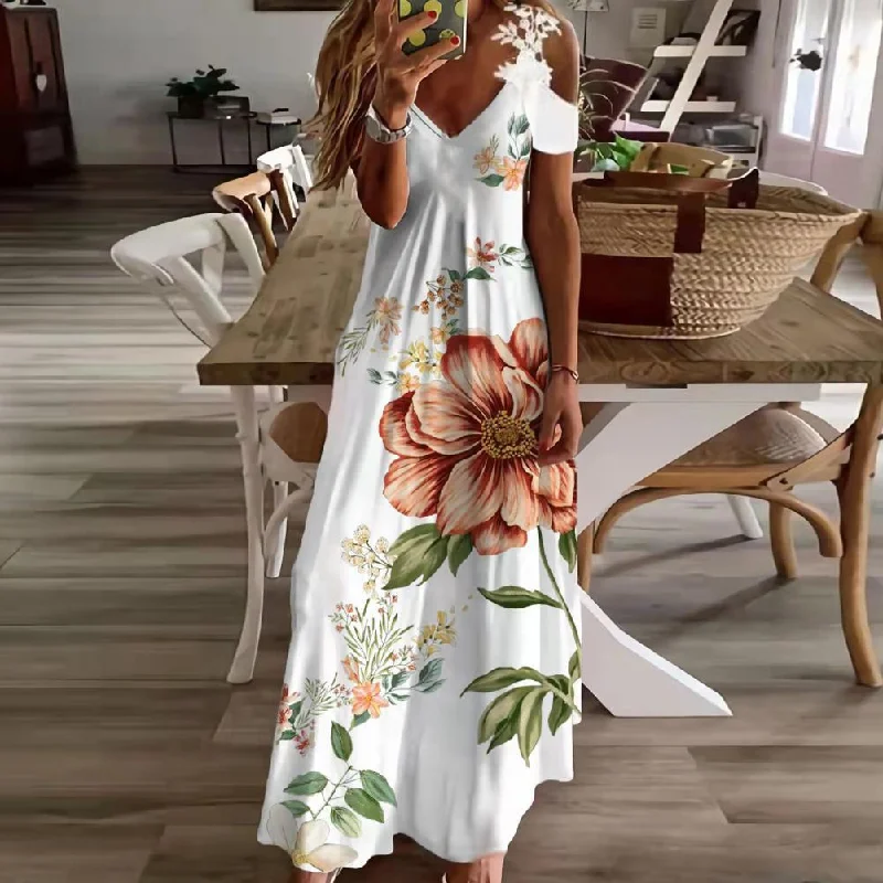 Bohemian Maxi Dress Hollow Out Short Sleeve A-Line Dress Women Ankle Length Stylish V-Neck Maxi Dress
