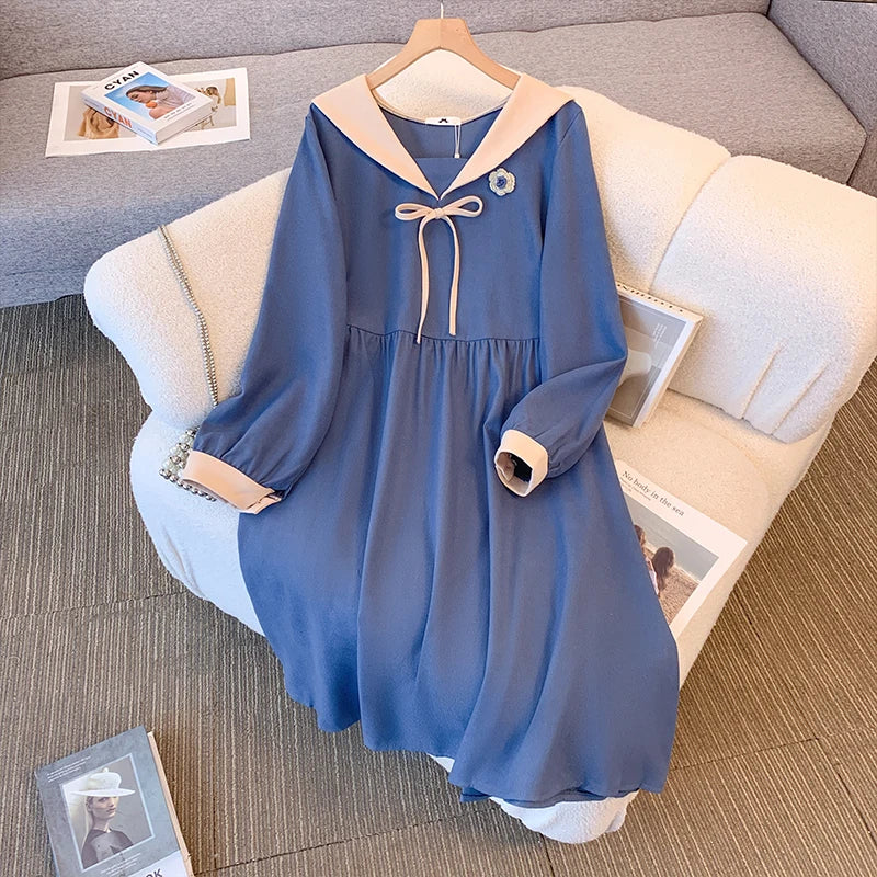Women's Preppy Navy Collar Maxi Dress with Bow Classic Tulle Maxi Dress