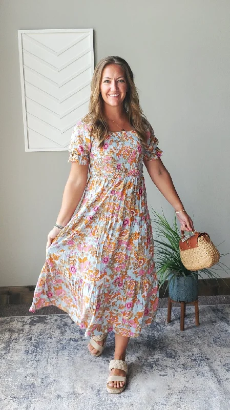 Yellow Floral Smocked Bodice Maxi Dress • M, L Stylish Longline Maxi Dress