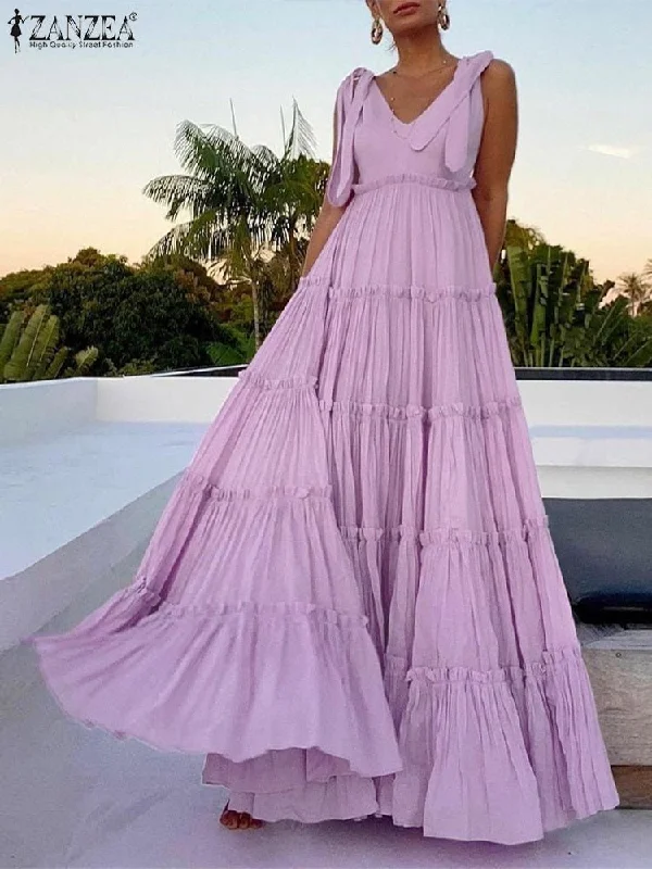 ZANZEA Sleeveless Shoulder Tie Ruffle Beach Cruise Maxi Dress Elegant Maxi Dress with Belt
