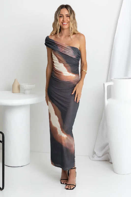 Zendaya Mesh Assymetrical Maxi Dress - Choc Watercolour Chic Summer Maxi Dress