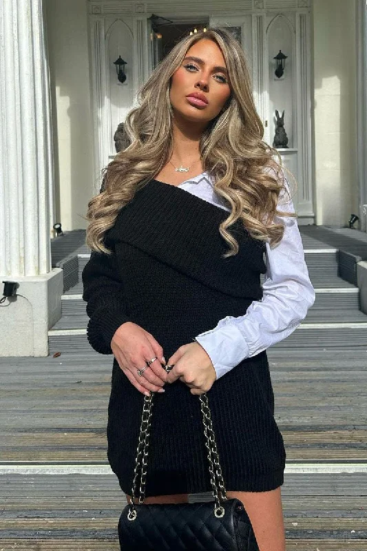 Black Contrast Knit Oversized Mini Dress - Mae Elegant Vintage Mini Dress