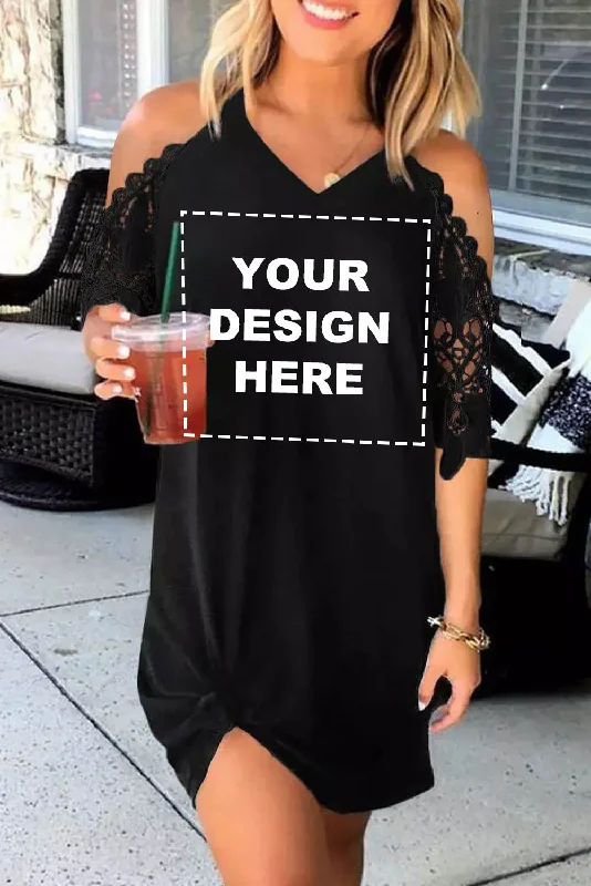 Black cSplicing Cold Shoulder Mini Dress Casual Mini Dress with Pockets