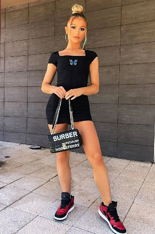Black Ribbed Butterfly Bodycon Mini Dress - Yancy Cozy Ruched Mini Dress