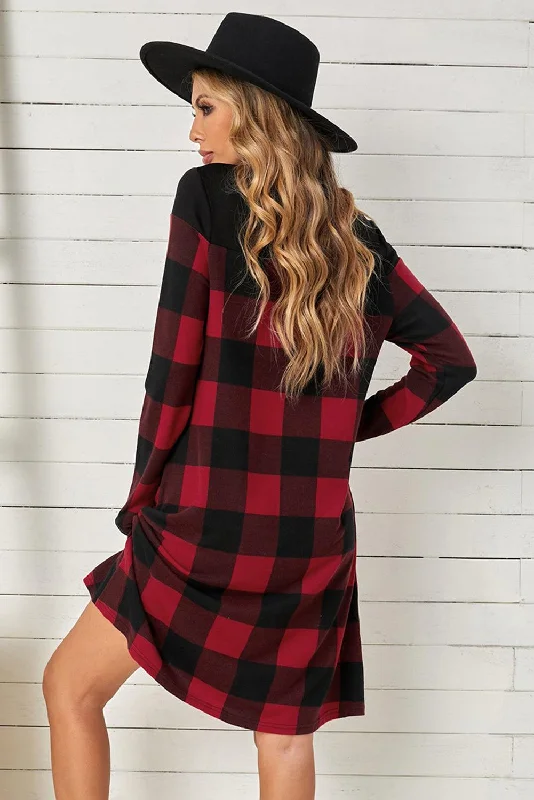 Buffalo Plaid Splicing Long Sleeve Mini Dress Chic Pleated Mini Dress