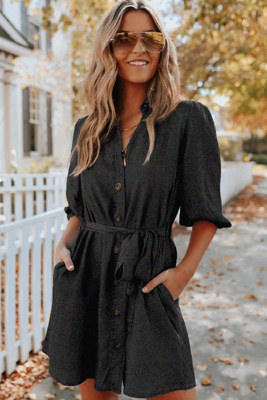 Buttoned Tie Waist Denim Shirt Mini Dress Fashionable Mini Dress with Pockets