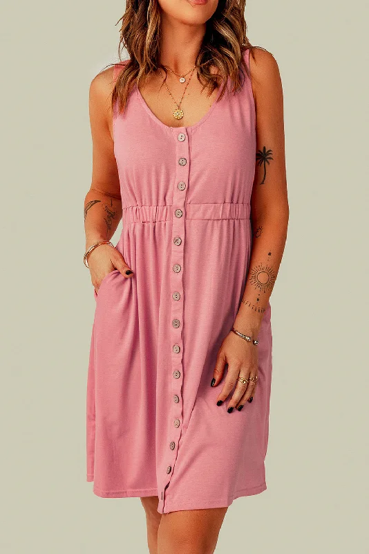 Buttons Sleeveless High Waist Mini Dress Stylish Floral Print Mini Dress