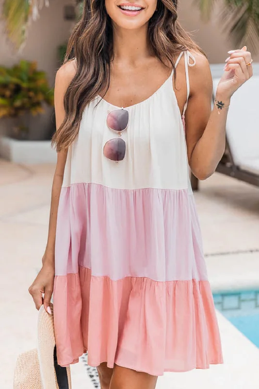 Color Block Tassel Drawstring Lace-up Sleeveless Mini Dress Fashionable Off-Shoulder Mini Dress