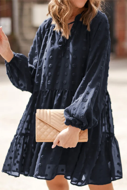 Dark Blue Swiss Dot Mesh Long Puff Sleeve Mini Dress Chic Pleated Mini Dress