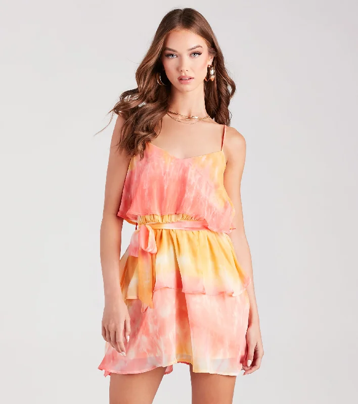 Daydreamer Tie-Dye Ruffled Chiffon Mini Dress Fashionable A-Line Mini Dress