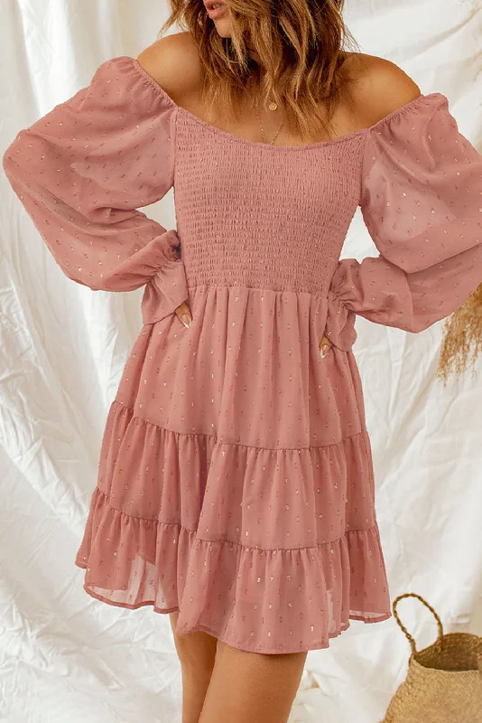 Dotted Smocked Ruffled Long Sleeve Mini Dress Elegant Vintage Mini Dress