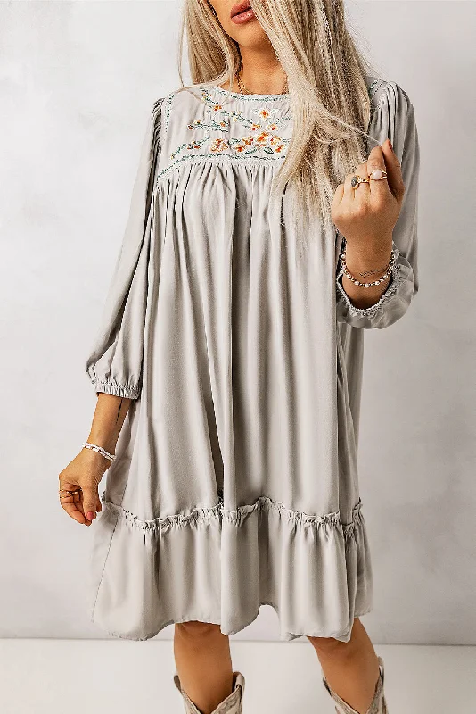 Floral Embroidered Long Sleeve Babydoll Mini Dress Classic Floral Print Mini Dress