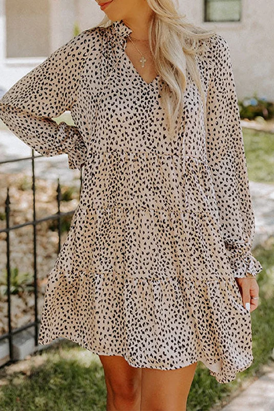 Khaki Leopard Print Ruffled V Neck Long Sleeve Mini Dress Comfortable Wrap Mini Dress