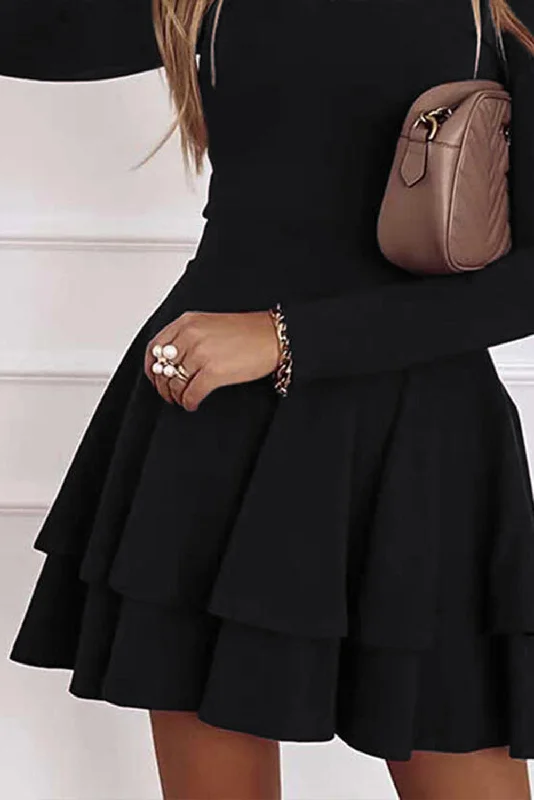 Long Sleeve V Neck Tiered Ruffle A-line Mini Dress Comfortable Smocked Mini Dress