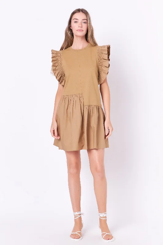 English Factory - Mixed Media Ruffled Detail Mini Dress Fashionable Mini Dress with Frills