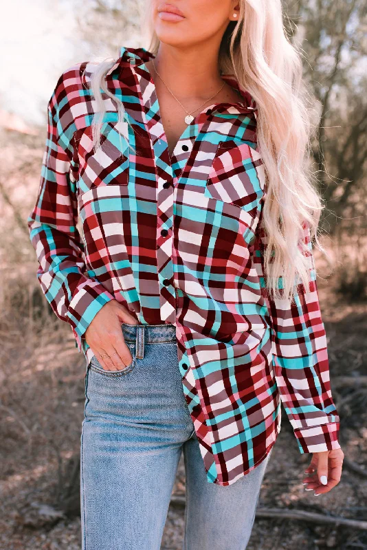 Multicolor Long Sleeve Pockets Buttoned Plaid Mini Dress Modern Satin Mini Dress