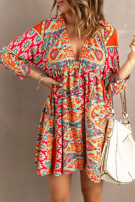 Multicolour V Neck 3/4 Sleeve Bohemian Vintage Print Mini Dress Elegant Floral-Print Mini Dress