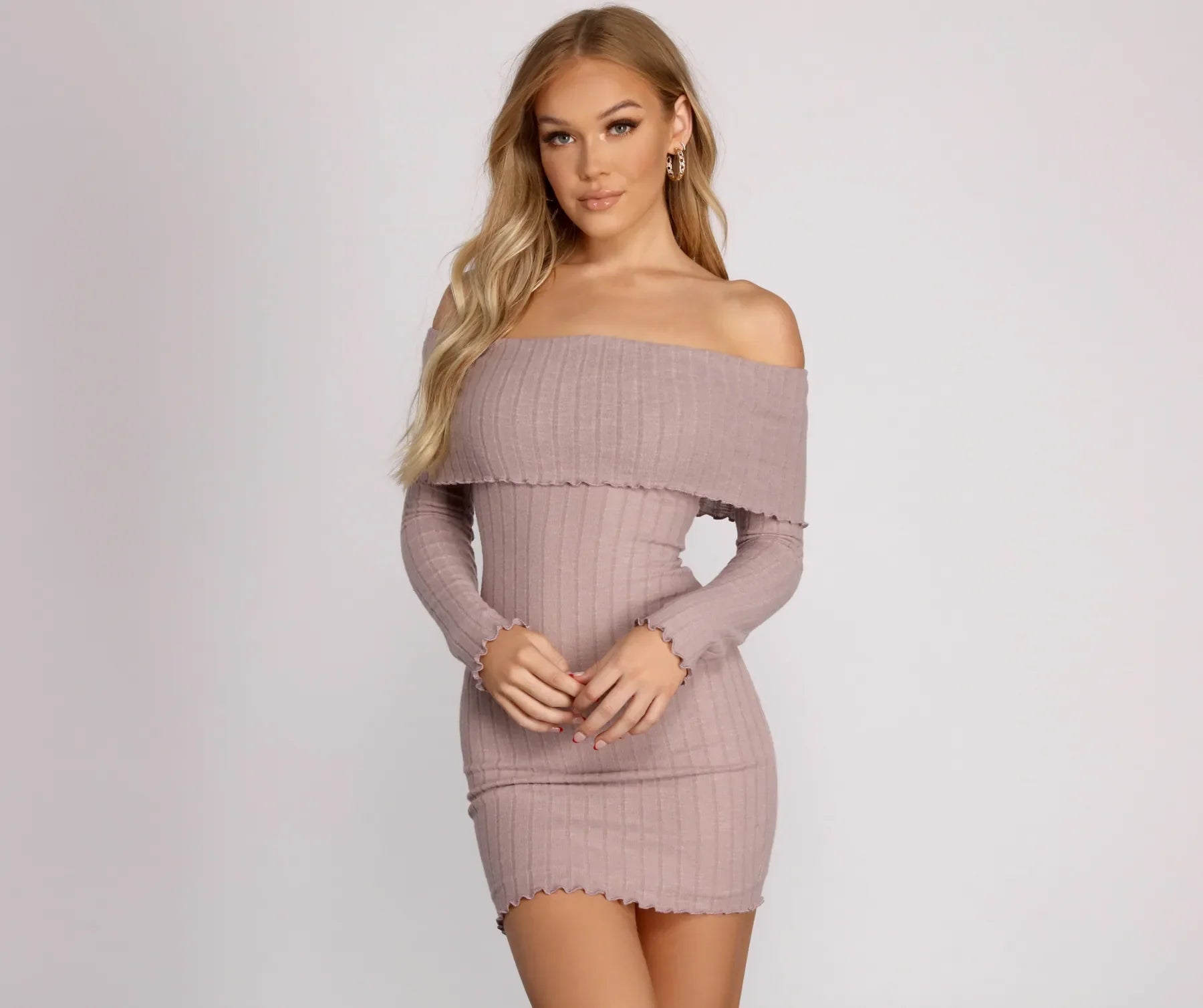 Off The Shoulder Brushed Knit Mini Dress Elegant Mini Dress with Pleats