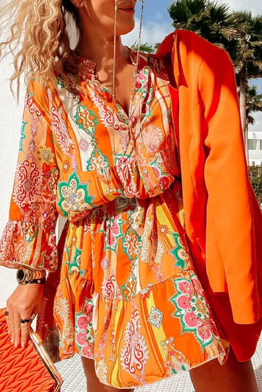 Orange Boho Geometric Print Buttoned V Neck Mini Dress Cozy Knit Mini Dress