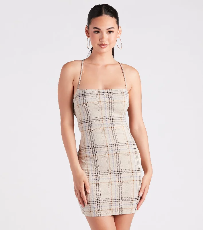Perfect Match Plaid Lace-Up Mini Dress Stylish Puff Sleeve Mini Dress