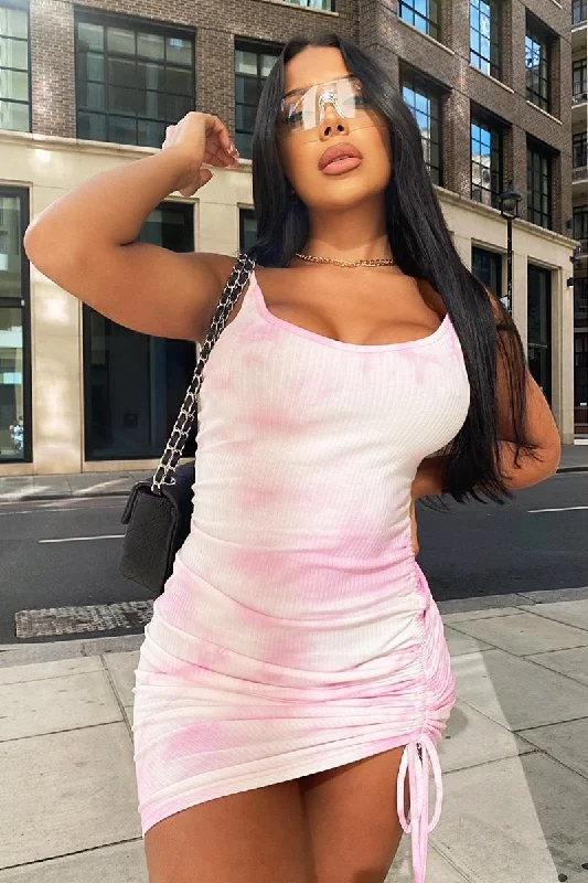 Pink Tie Dye Ribbed Ruched Mini Dress - Morgen Stylish Ruffle Mini Dress