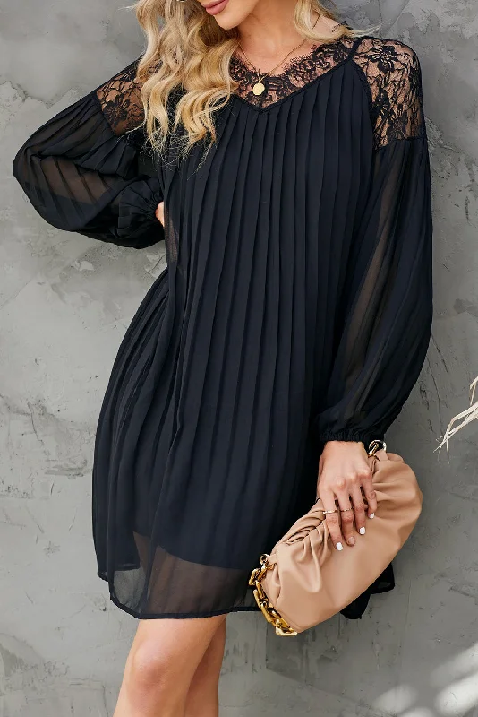 Pleated Lace Patchwork Lantern Sleeve Mini Dress Cozy Knit Mini Dress