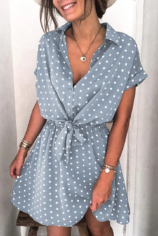 Polka Dot Shirt Collar Short Sleeve Mini Dress Cozy Cotton Mini Dress