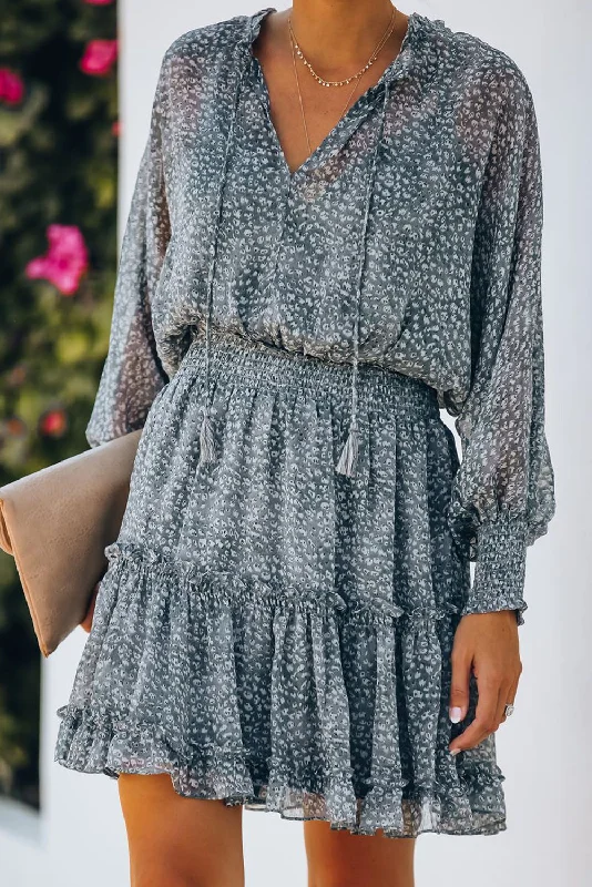 Print Smocked Puff Sleeve Tiered Ruffled Mini Dress Cozy T-Shirt Mini Dress