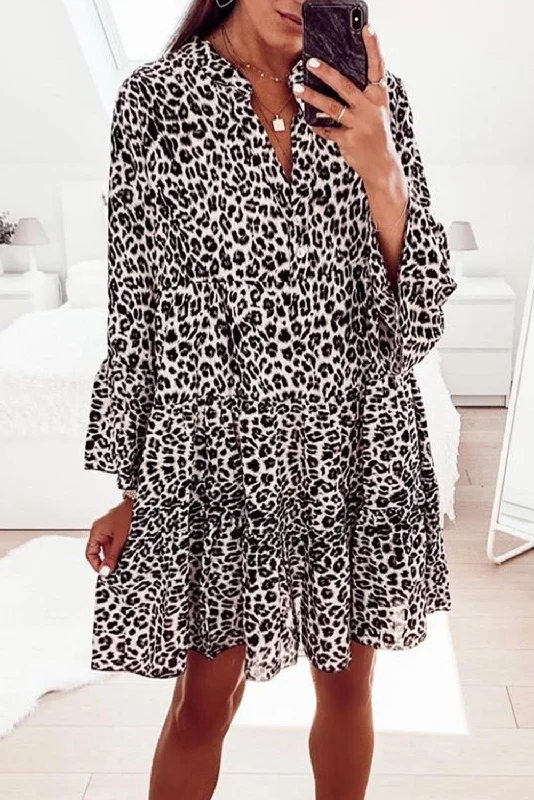 Print V neck Ruffle Swing Mini Dress Stylish Short-Sleeve Mini Dress
