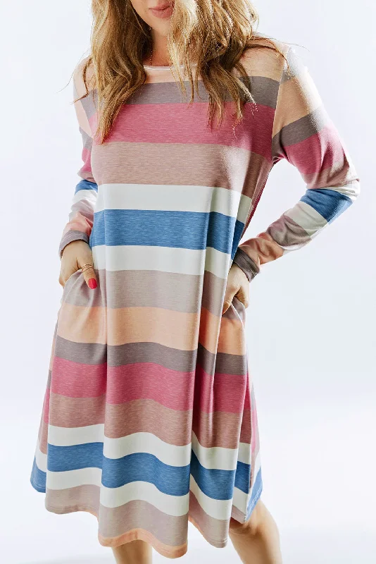 Rainbow Long Sleeve Stripes Mini Dress Cozy Cowl Neck Mini Dress