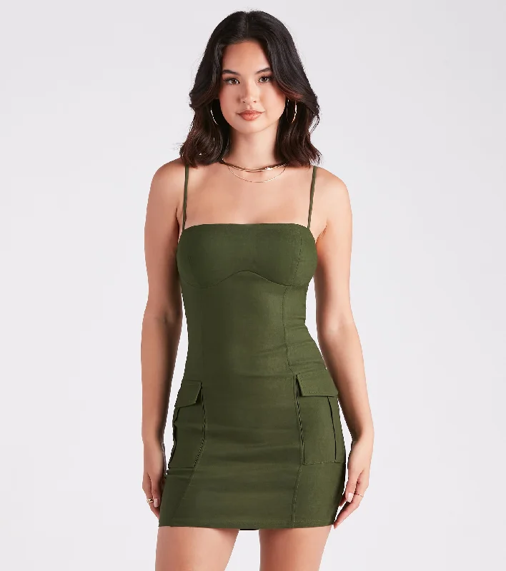 Sergeant Of Style Cargo Pocket Mini Dress Elegant Off-Shoulder Dress Mini