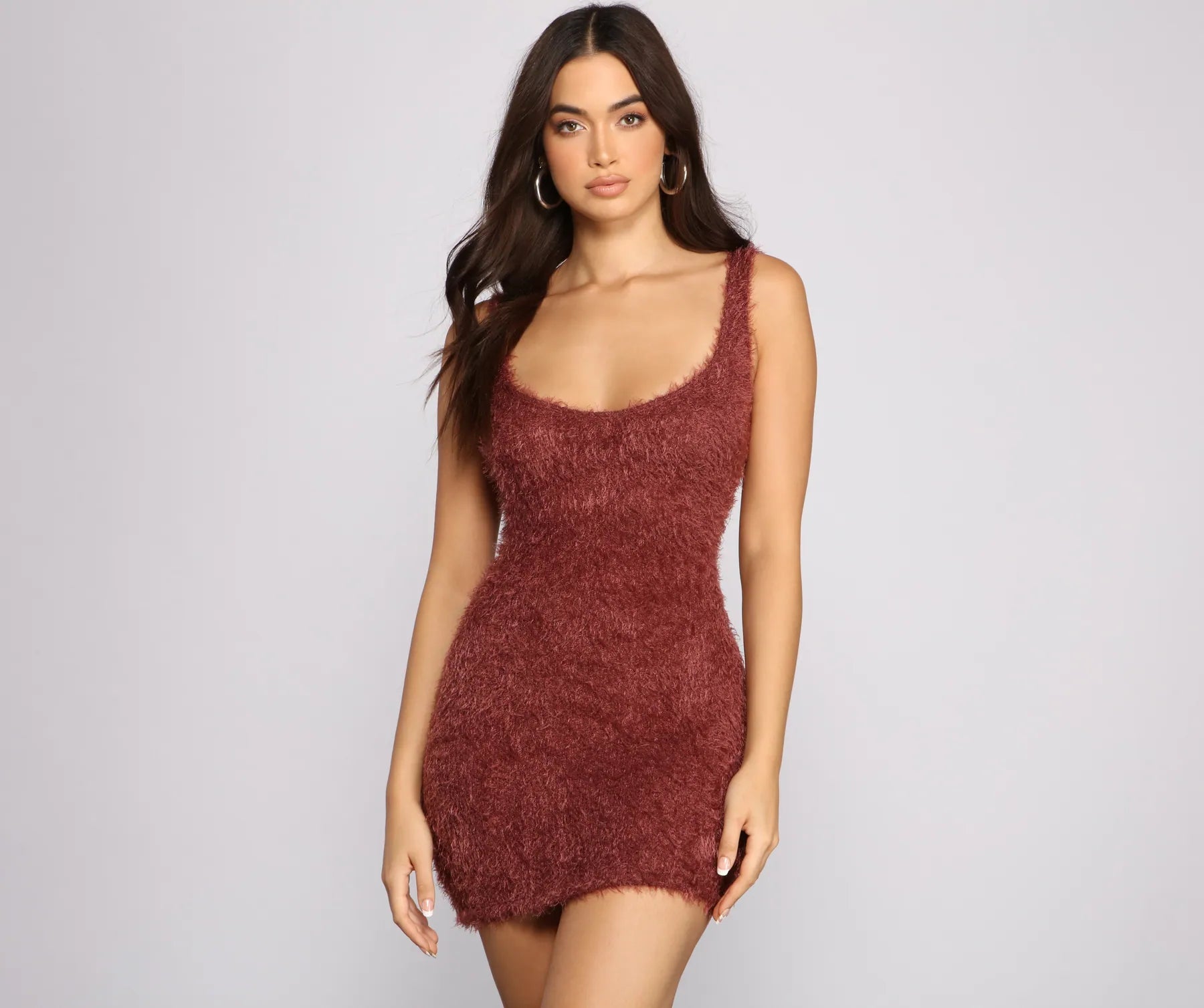 Sleeveless Shaggy Knit Mini Dress Fashionable Mini Dress with Slits