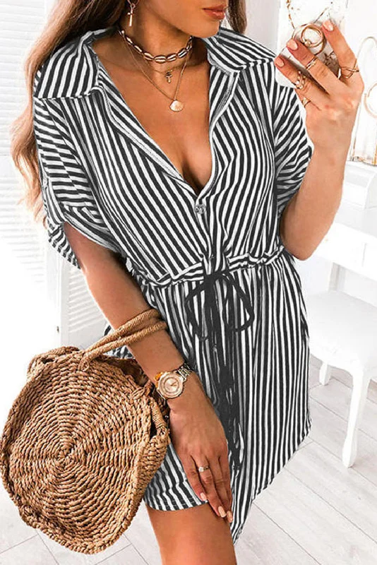 Striped Pocket Button Drawstring Tab-Sleeve V-Neck Mini Dress Cozy Cowl Neck Mini Dress
