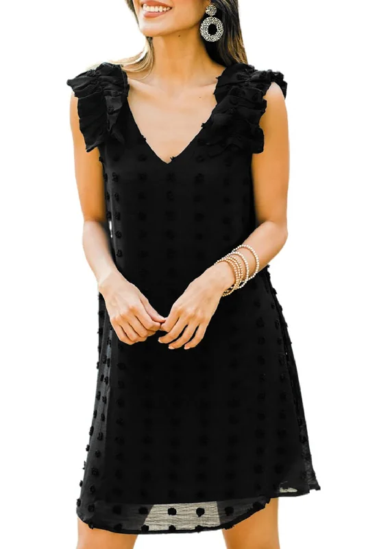 Swiss Dot V Neck Ruffled Sleeveless Mini Dress Fashionable Party Mini Dress