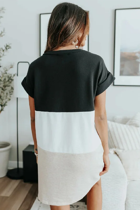 Triple Color Block Rolled Short Sleeve Mini Dress Comfortable Linen Mini Dress