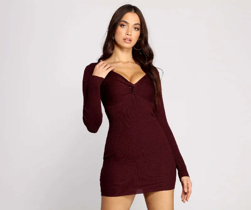 Twist Front Ribbed Knit Mini Dress Cozy Jersey Mini Dress