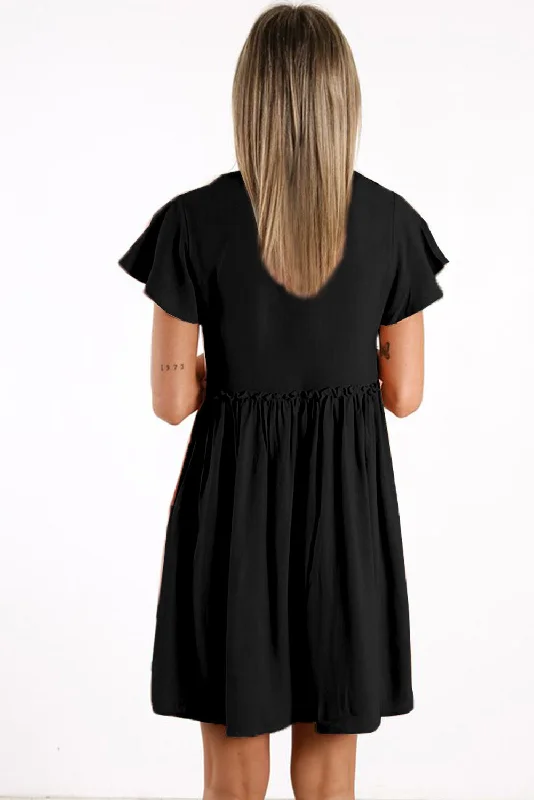 V Neck Buttoned Empire Waist Babydoll Mini Dress Elegant Tulle Mini Dress