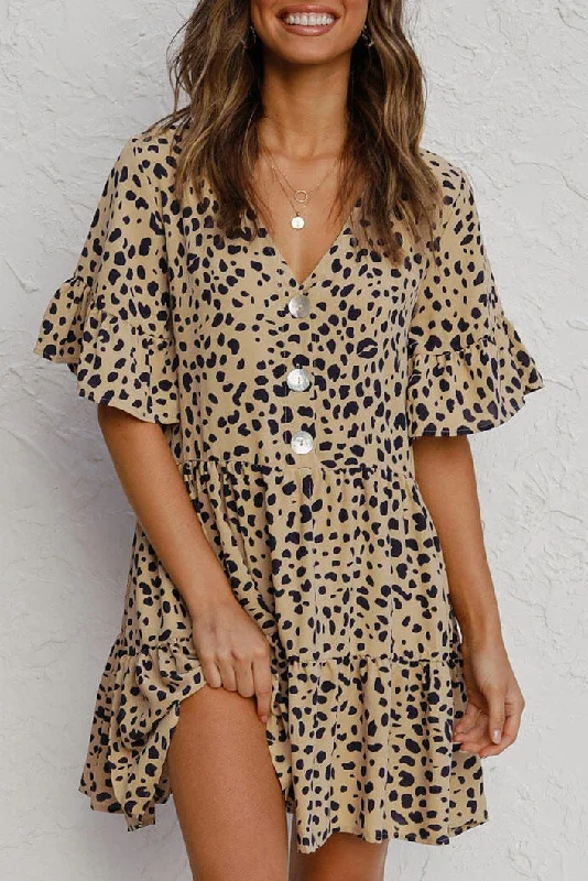 V Neck Ruffled Mini Dress with Buttons Cozy T-Shirt Mini Dress