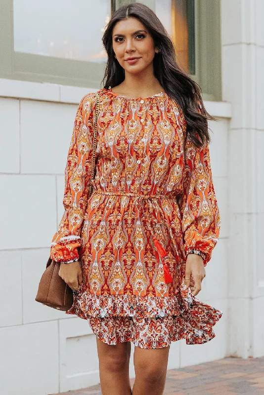Western Pattern Print Lantern Sleeve Drawstring Mini Dress Cozy Sweater Mini Dress