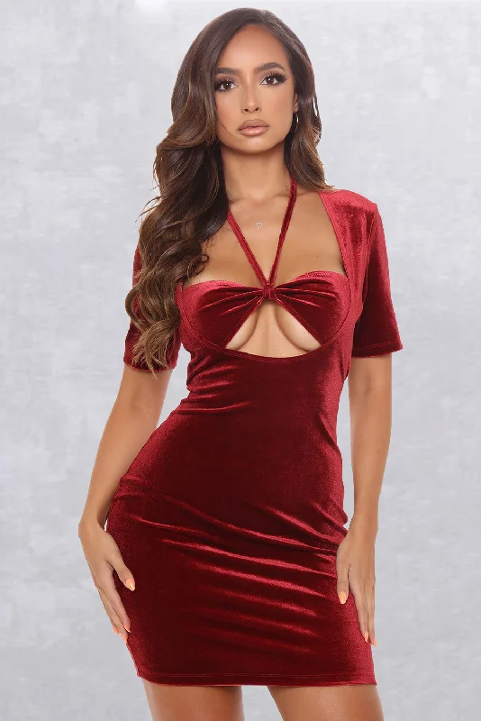 Wine Halter Hollow-out Bust Christmas Party Velvet Mini Dress Chic Halter Mini Dress
