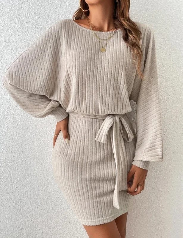 Ladies Ribbed Knit Belted Mini Dress G1023 Trendy Camisole Mini Dress