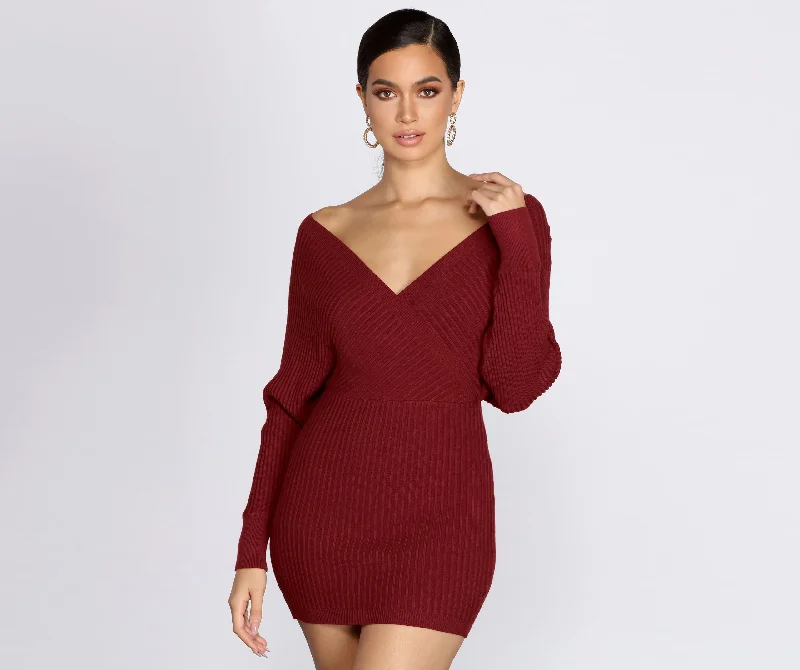 Ribbed Knit Surplice Mini Dress Elegant Mini Dress with Pleats